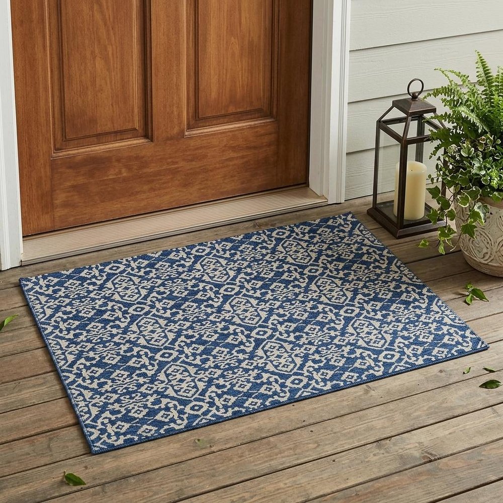 3' X 5' Navy Blue And Silver Oriental Washable Indoor Outdoor Area Rug HomeRoots
