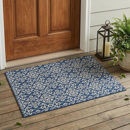 3' X 5' Navy Blue And Silver Oriental Washable Indoor Outdoor Area Rug HomeRoots