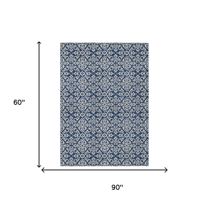 5' X 8' Navy Blue And Silver Oriental Washable Indoor Outdoor Area Rug HomeRoots