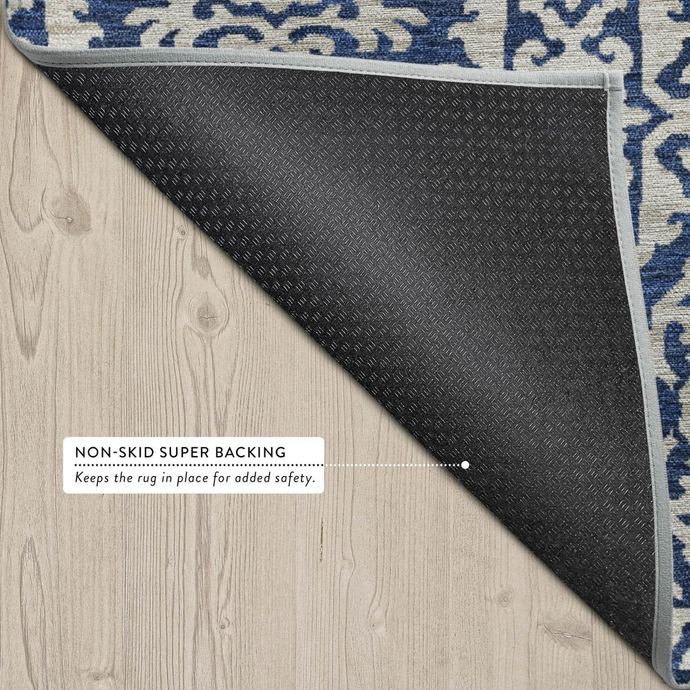5' X 8' Navy Blue And Silver Oriental Washable Indoor Outdoor Area Rug HomeRoots