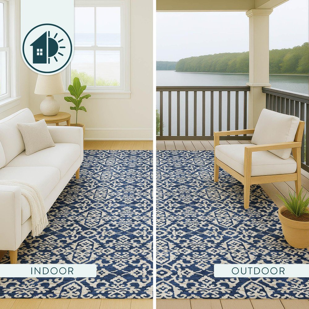 5' X 8' Navy Blue And Silver Oriental Washable Indoor Outdoor Area Rug HomeRoots