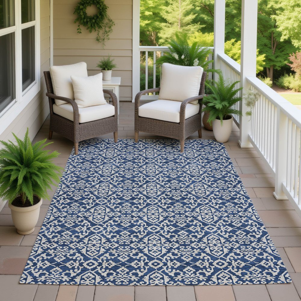 5' X 8' Navy Blue And Silver Oriental Washable Indoor Outdoor Area Rug HomeRoots