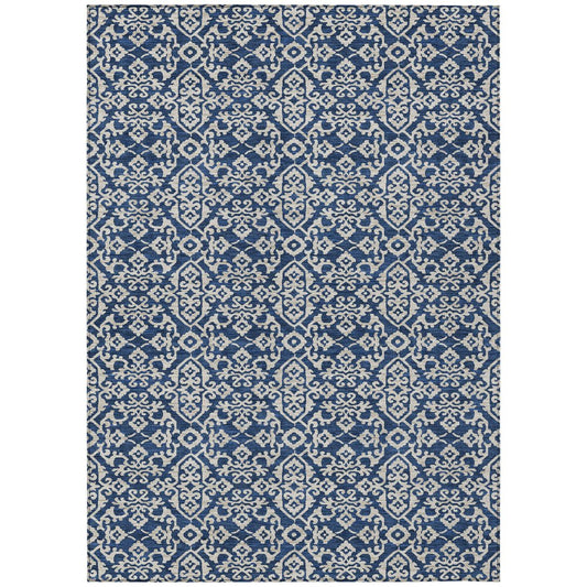 5' X 8' Navy Blue And Silver Oriental Washable Indoor Outdoor Area Rug