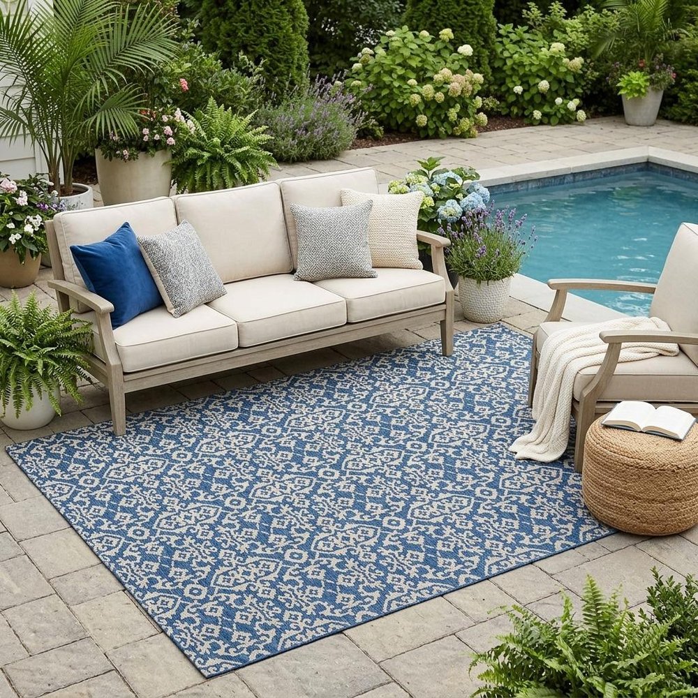 5' X 8' Navy Blue And Silver Oriental Washable Indoor Outdoor Area Rug HomeRoots