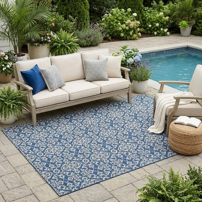 5' X 8' Navy Blue And Silver Oriental Washable Indoor Outdoor Area Rug HomeRoots