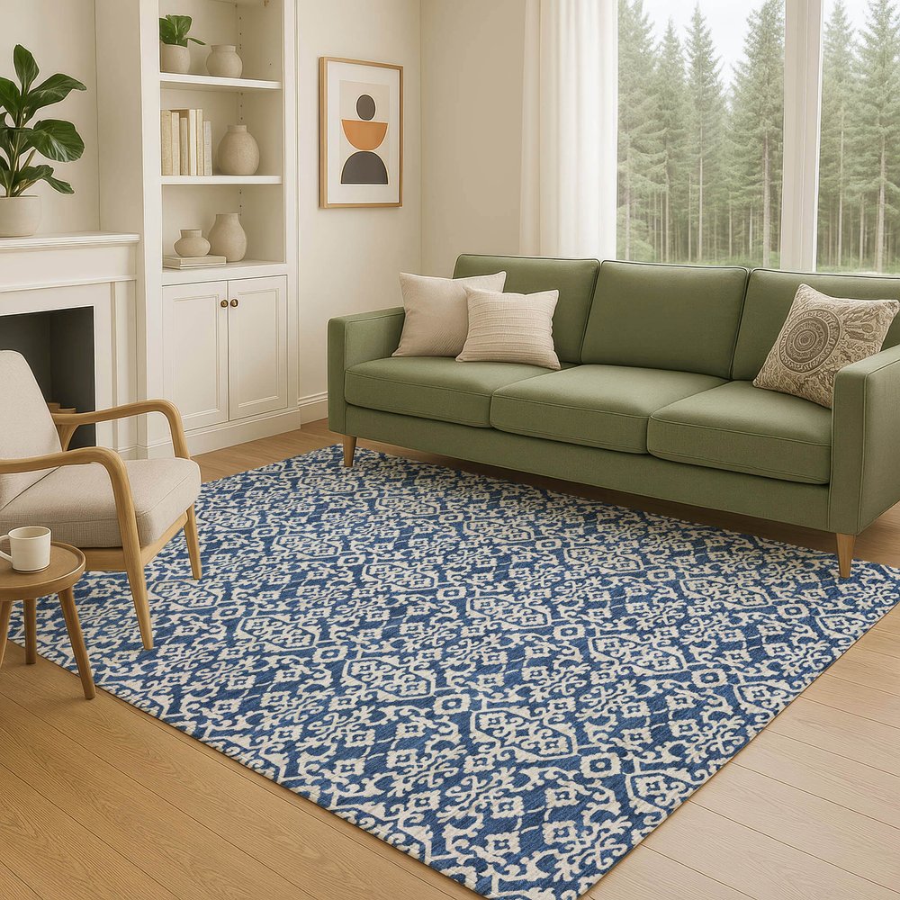 5' X 8' Navy Blue And Silver Oriental Washable Indoor Outdoor Area Rug HomeRoots