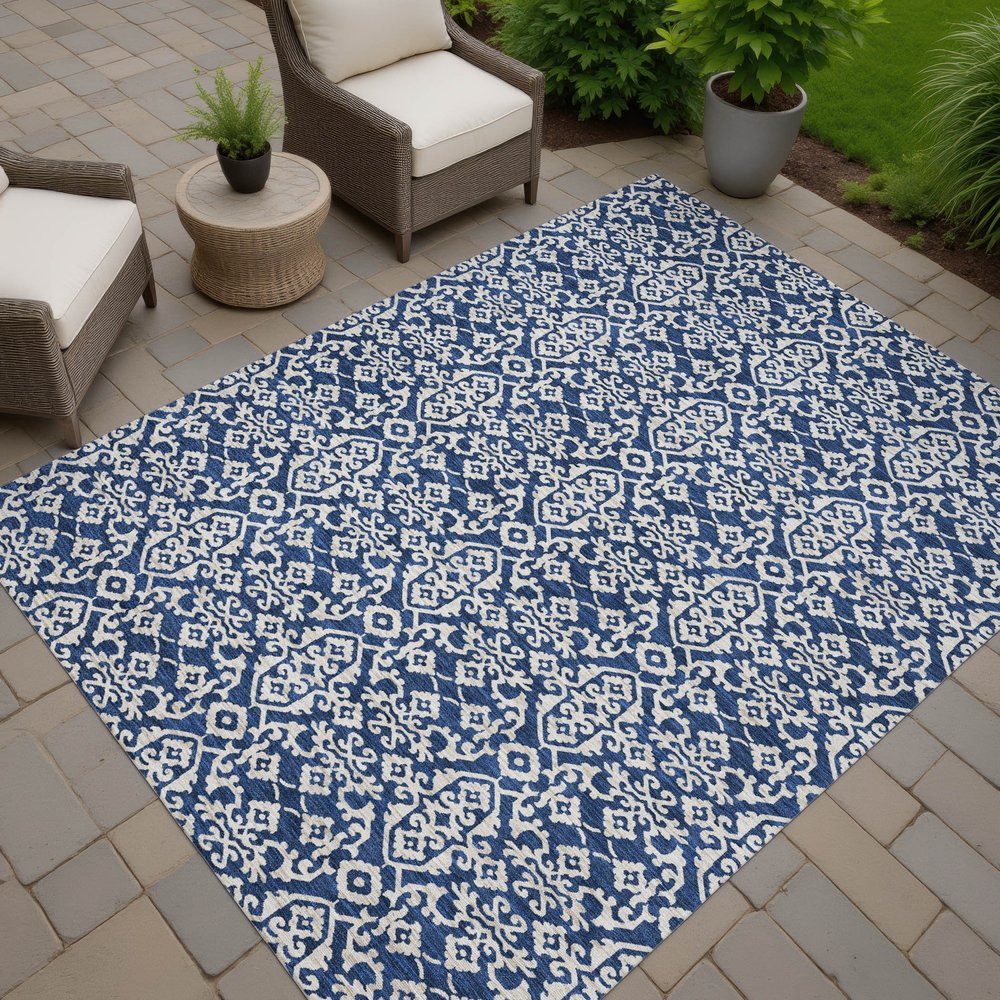 5' X 8' Navy Blue And Silver Oriental Washable Indoor Outdoor Area Rug HomeRoots
