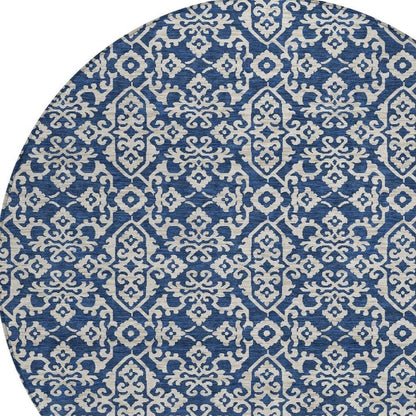 8' Navy Blue And Silver Round Oriental Washable Indoor Outdoor Area Rug HomeRoots