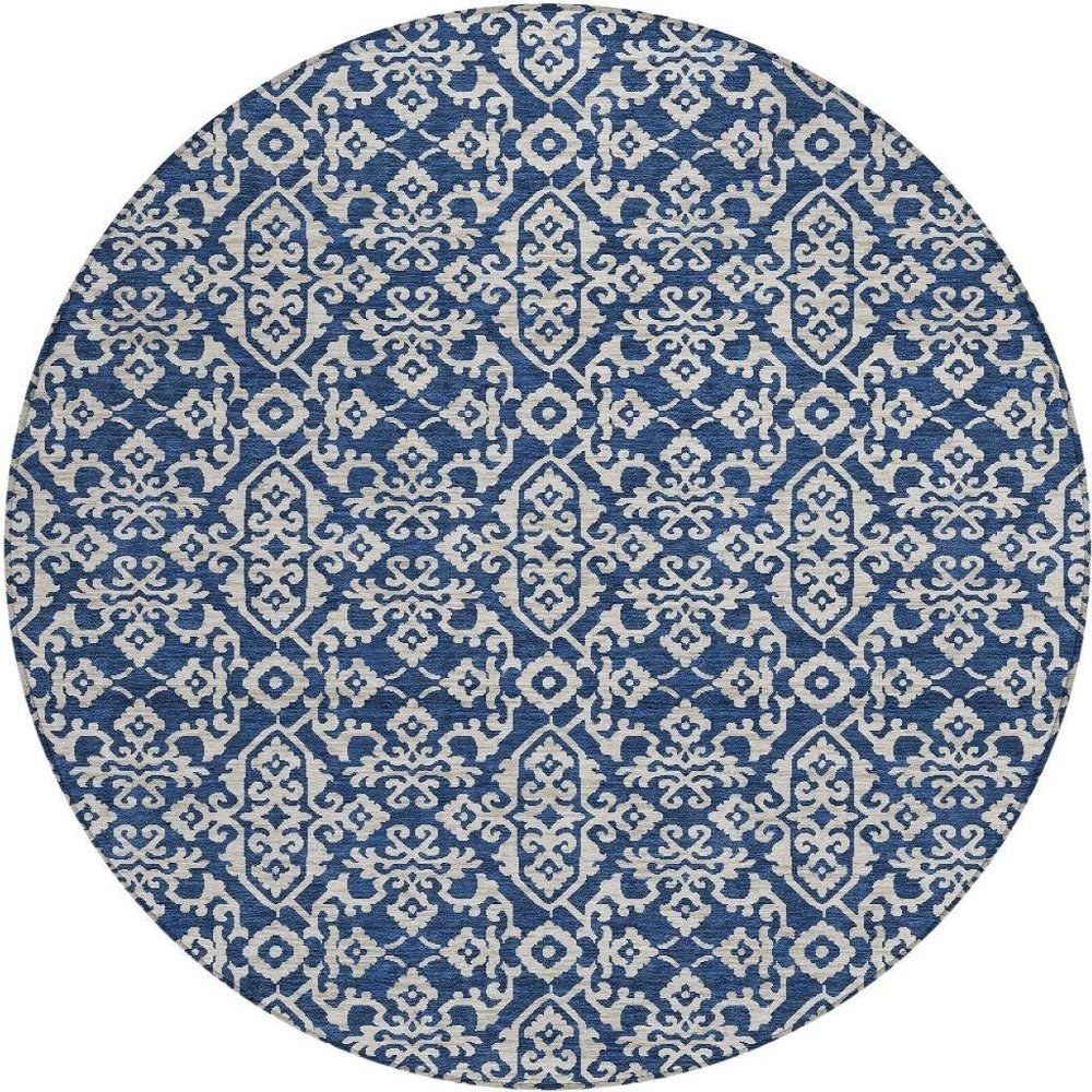 8' Navy Blue And Silver Round Oriental Washable Indoor Outdoor Area Rug HomeRoots