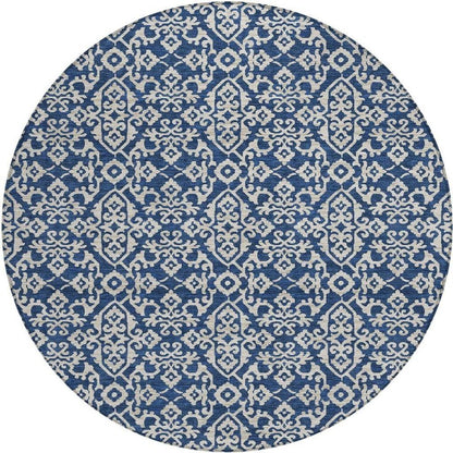 8' Navy Blue And Silver Round Oriental Washable Indoor Outdoor Area Rug HomeRoots