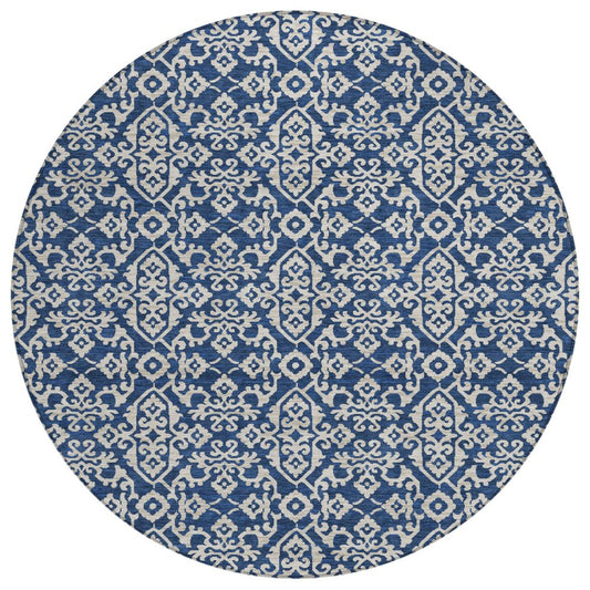 8' Navy Blue And Silver Round Oriental Washable Indoor Outdoor Area Rug