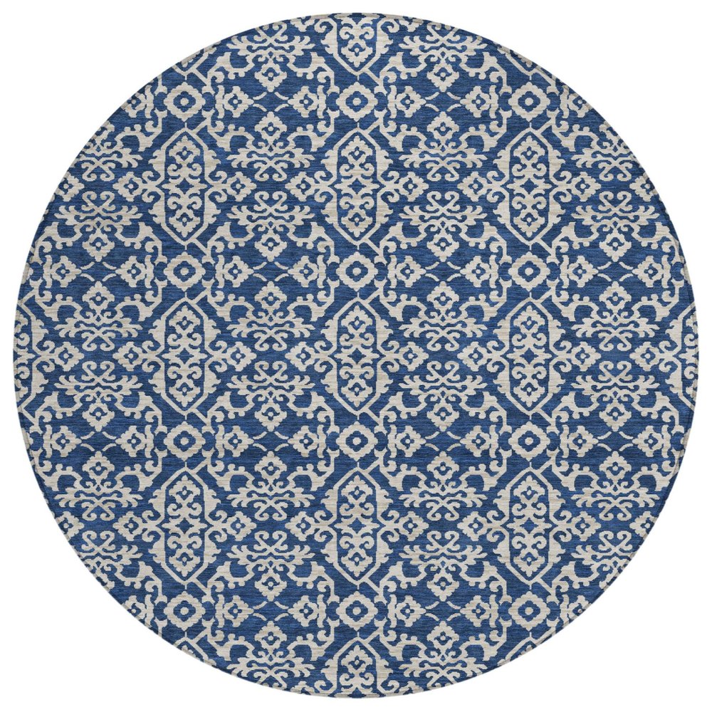 8' Navy Blue And Silver Round Oriental Washable Indoor Outdoor Area Rug HomeRoots