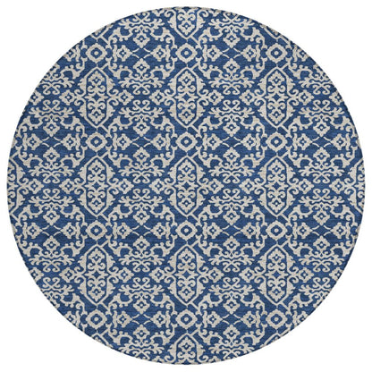 8' Navy Blue And Silver Round Oriental Washable Indoor Outdoor Area Rug HomeRoots
