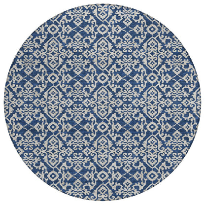 8' Navy Blue And Silver Round Oriental Washable Indoor Outdoor Area Rug HomeRoots