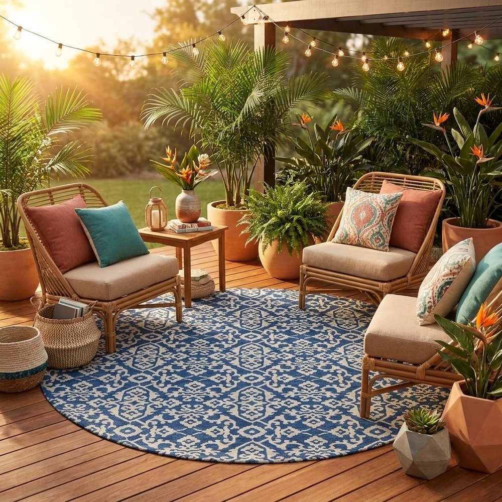 8' Navy Blue And Silver Round Oriental Washable Indoor Outdoor Area Rug HomeRoots