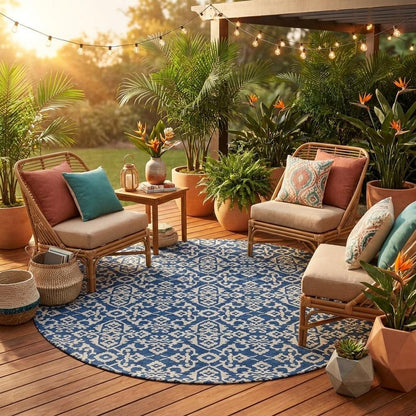 8' Navy Blue And Silver Round Oriental Washable Indoor Outdoor Area Rug HomeRoots