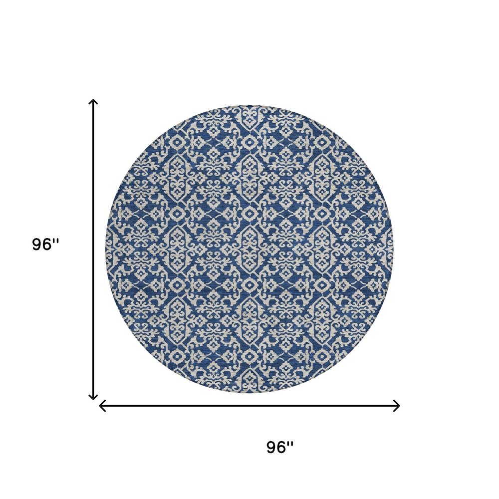 8' Navy Blue And Silver Round Oriental Washable Indoor Outdoor Area Rug HomeRoots