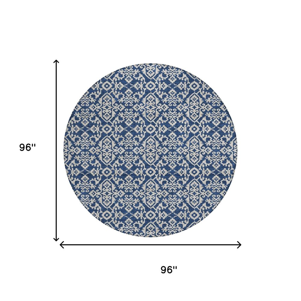 8' Navy Blue And Silver Round Oriental Washable Indoor Outdoor Area Rug HomeRoots