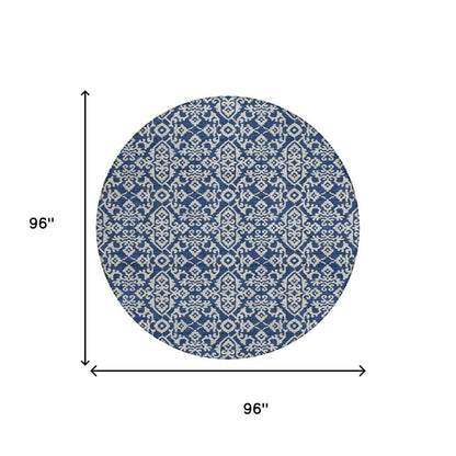 8' Navy Blue And Silver Round Oriental Washable Indoor Outdoor Area Rug HomeRoots