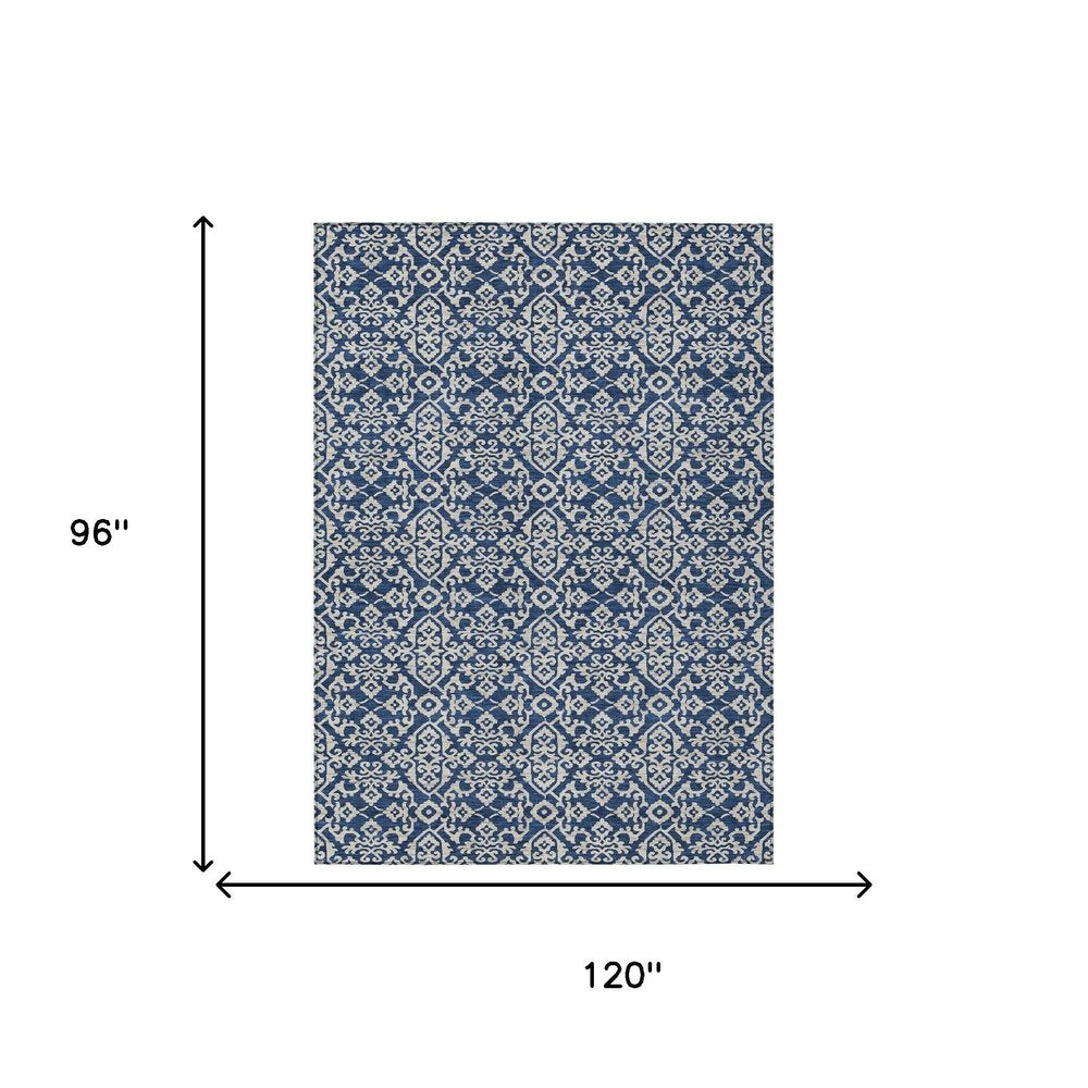 8' X 10' Navy Blue And Silver Oriental Washable Indoor Outdoor Area Rug HomeRoots