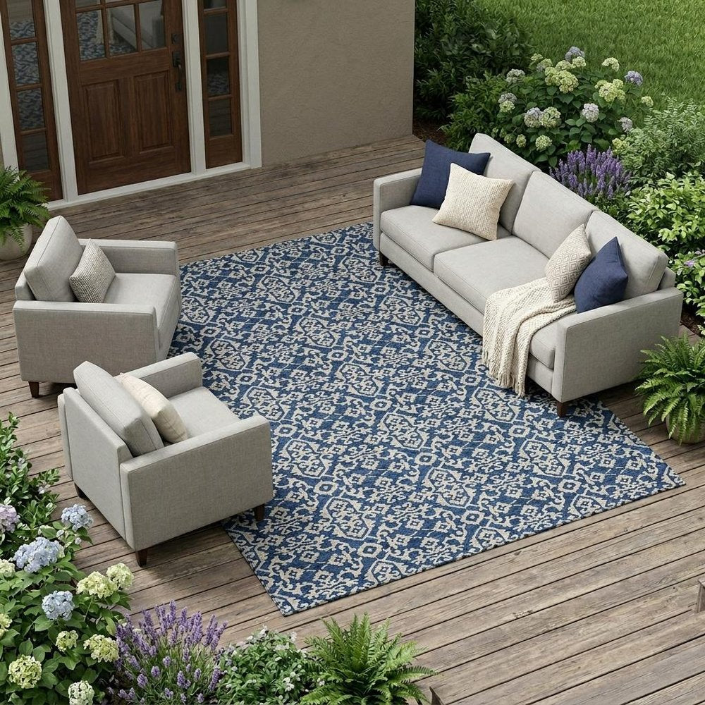 8' X 10' Navy Blue And Silver Oriental Washable Indoor Outdoor Area Rug HomeRoots