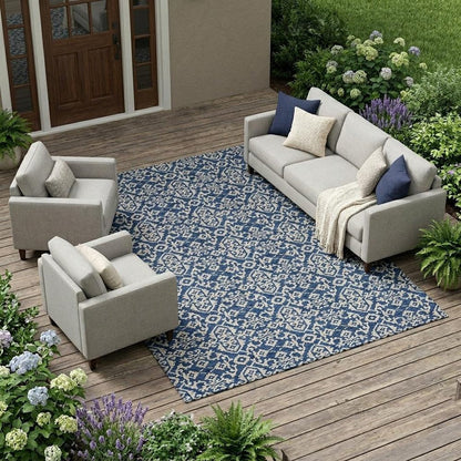 8' X 10' Navy Blue And Silver Oriental Washable Indoor Outdoor Area Rug HomeRoots