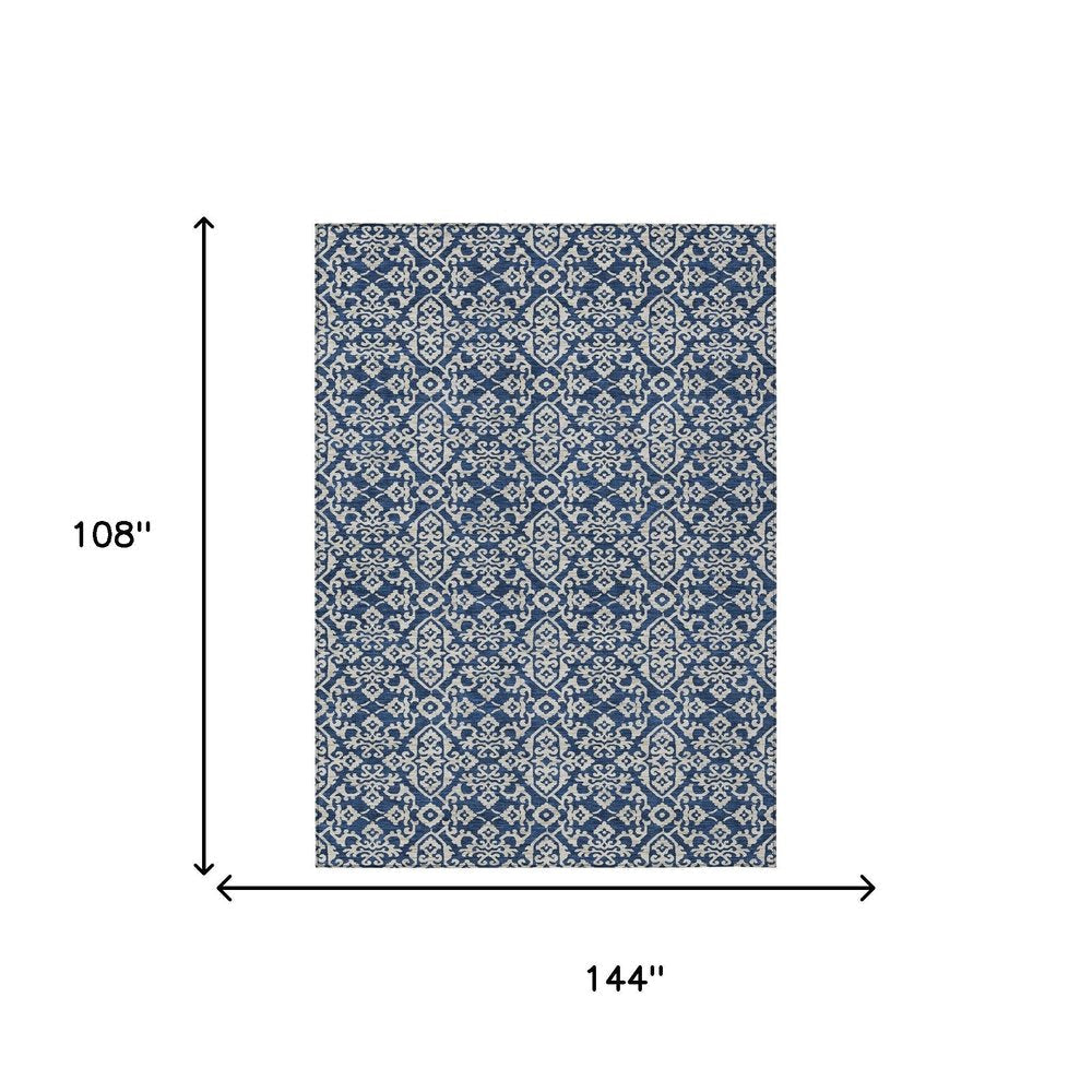 9' X 12' Navy Blue And Silver Oriental Washable Indoor Outdoor Area Rug HomeRoots
