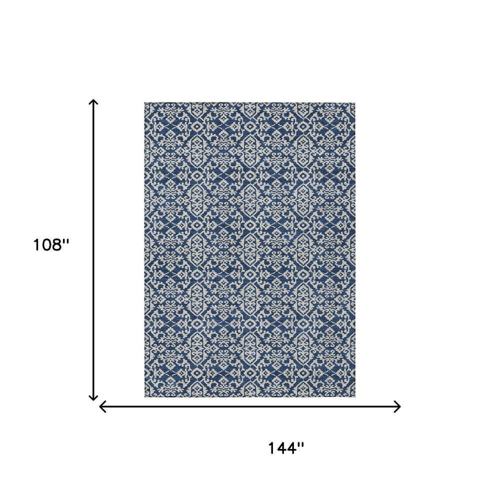 9' X 12' Navy Blue And Silver Oriental Washable Indoor Outdoor Area Rug HomeRoots