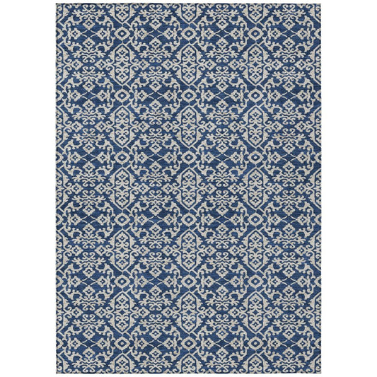 9' X 12' Navy Blue And Silver Oriental Washable Indoor Outdoor Area Rug
