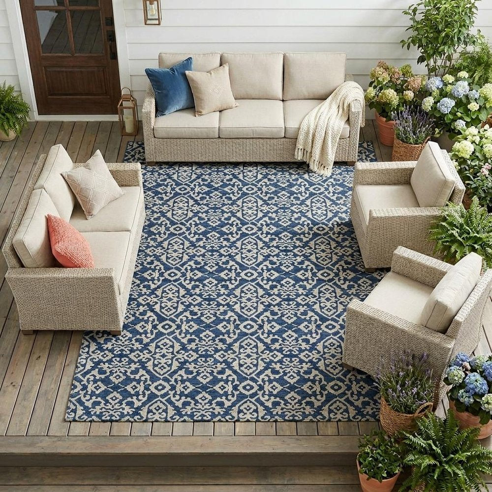 9' X 12' Navy Blue And Silver Oriental Washable Indoor Outdoor Area Rug HomeRoots