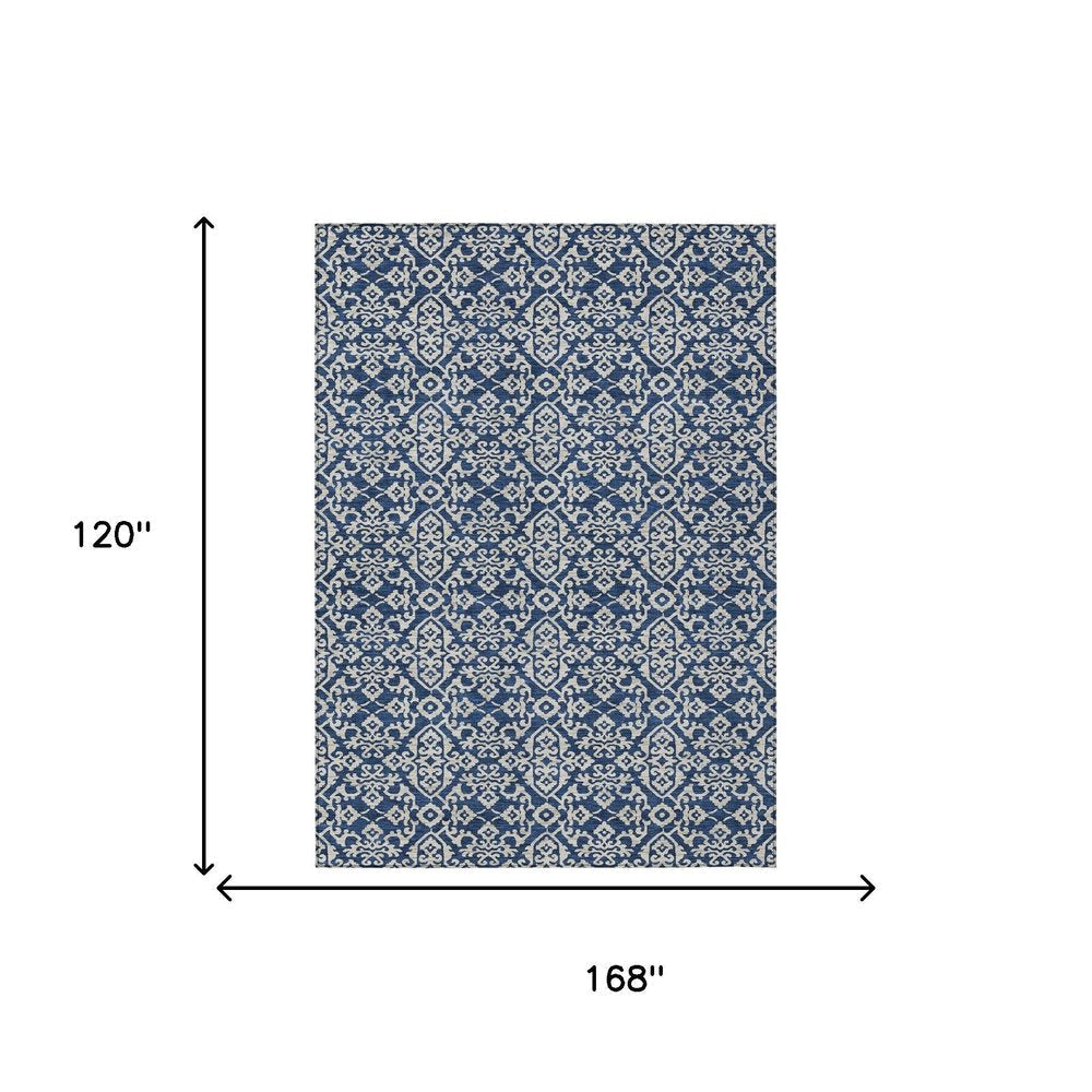 10' X 14' Navy Blue And Silver Oriental Washable Indoor Outdoor Area Rug HomeRoots