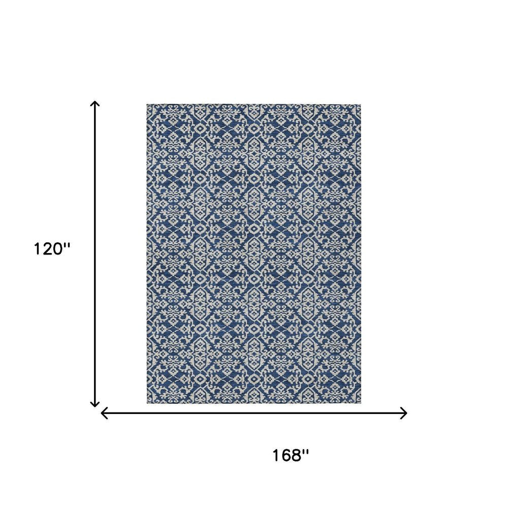 10' X 14' Navy Blue And Silver Oriental Washable Indoor Outdoor Area Rug HomeRoots