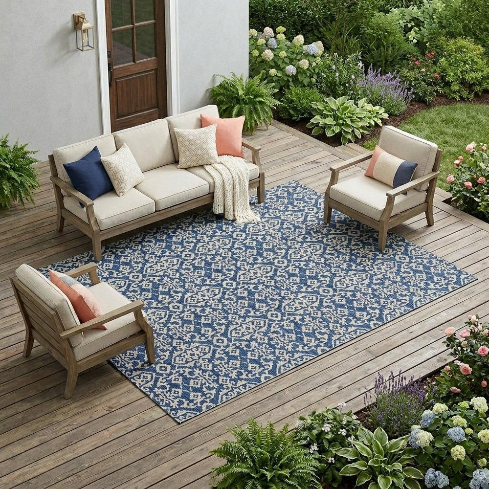 10' X 14' Navy Blue And Silver Oriental Washable Indoor Outdoor Area Rug HomeRoots