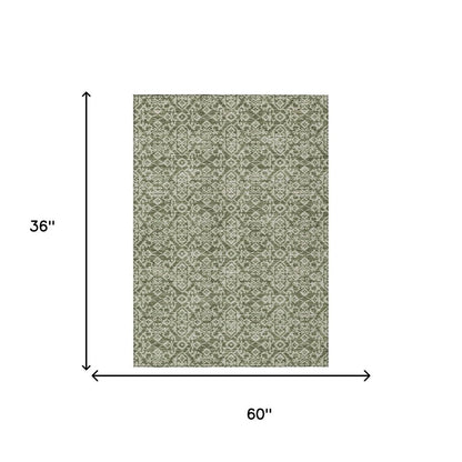 3' X 5' Olive Green And Brown Oriental Washable Indoor Outdoor Area Rug HomeRoots