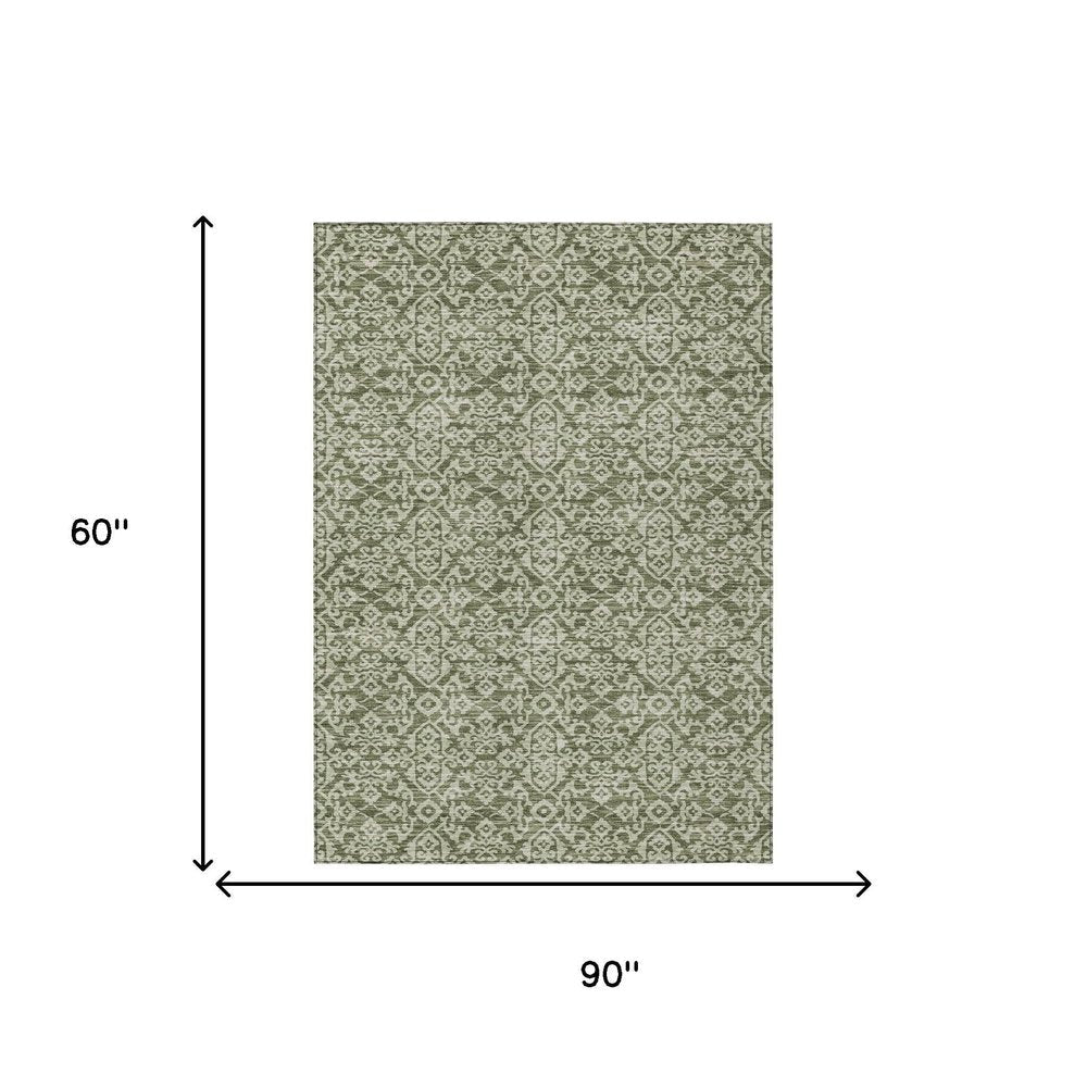 5' X 8' Olive Green And Brown Oriental Washable Indoor Outdoor Area Rug HomeRoots