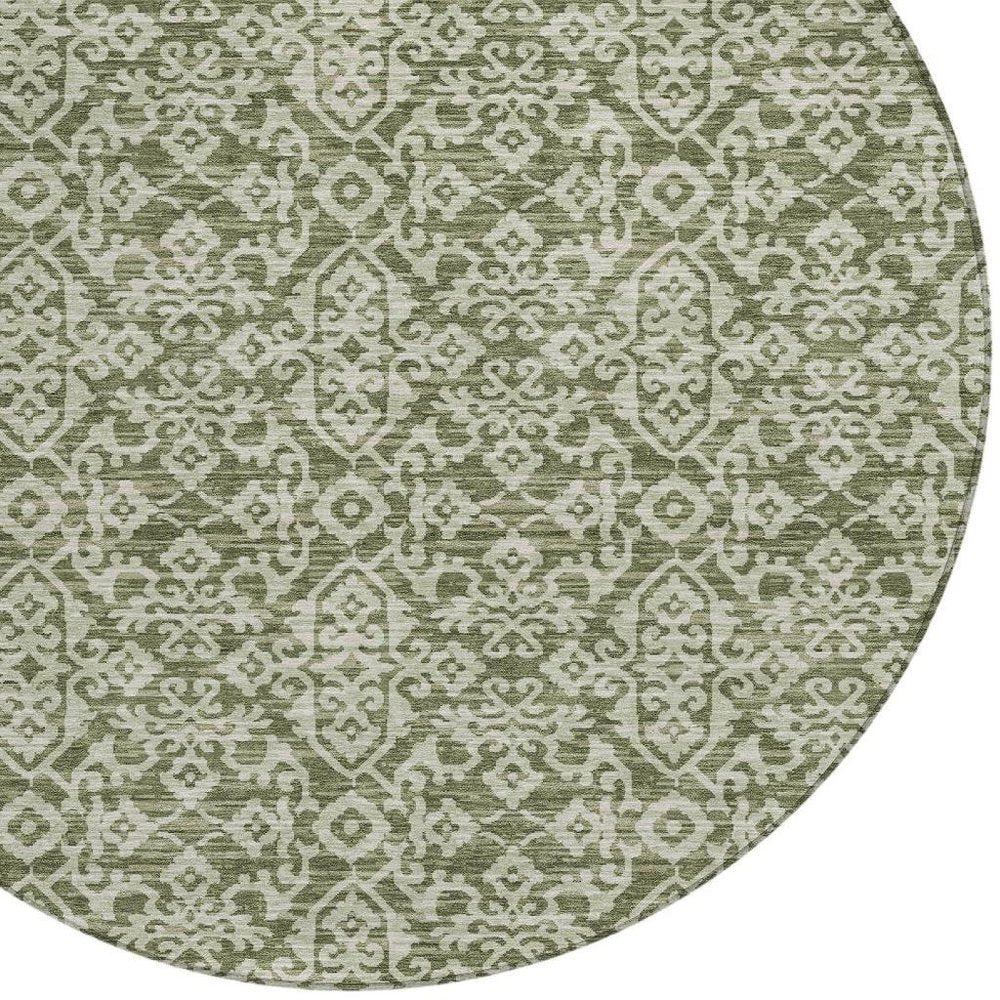 8' Olive Green And Brown Round Oriental Washable Indoor Outdoor Area Rug HomeRoots
