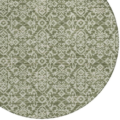 8' Olive Green And Brown Round Oriental Washable Indoor Outdoor Area Rug HomeRoots
