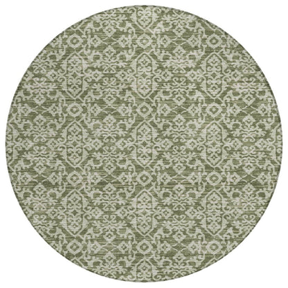8' Olive Green And Brown Round Oriental Washable Indoor Outdoor Area Rug