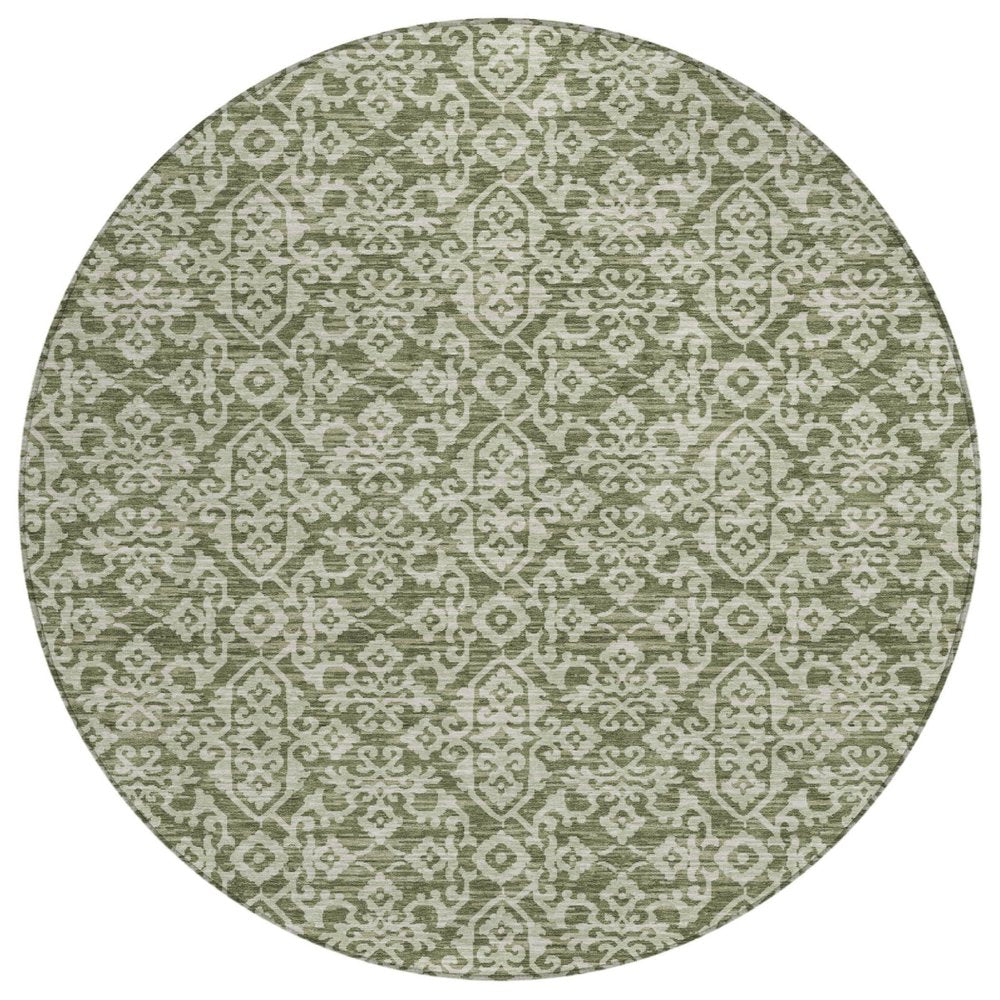 8' Olive Green And Brown Round Oriental Washable Indoor Outdoor Area Rug HomeRoots
