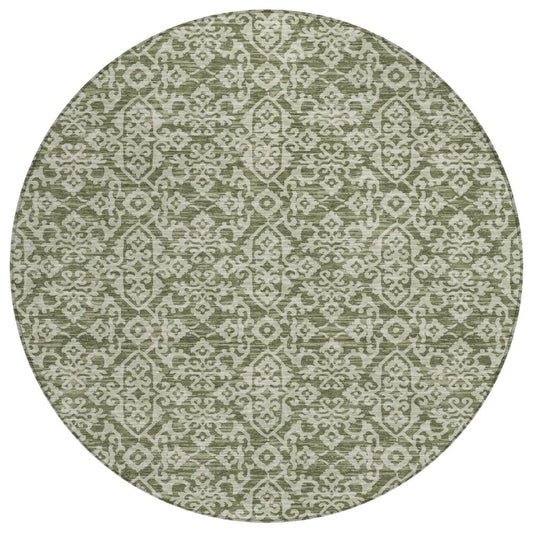 8' Olive Green And Brown Round Oriental Washable Indoor Outdoor Area Rug HomeRoots