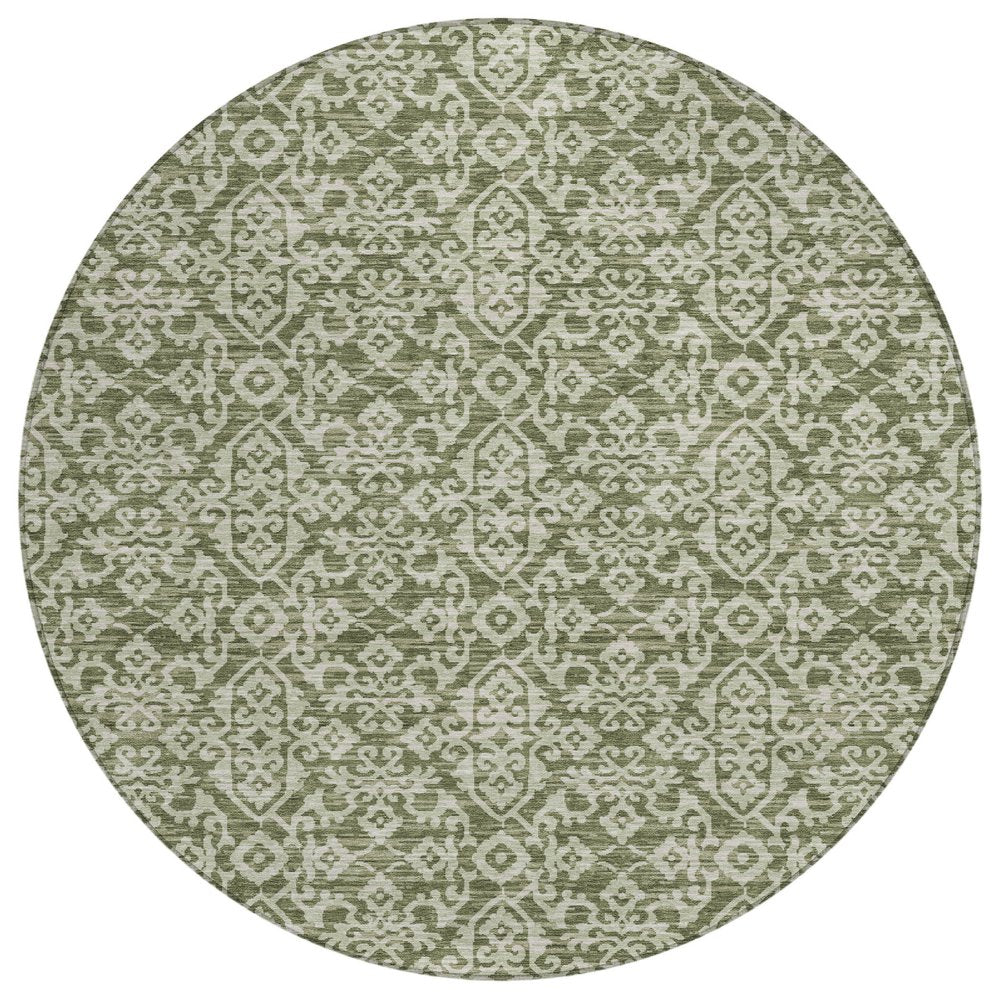 8' Olive Green And Brown Round Oriental Washable Indoor Outdoor Area Rug HomeRoots