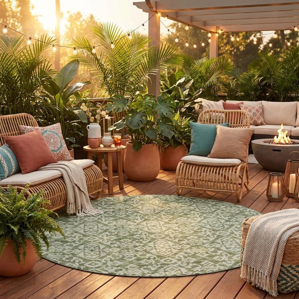 8' Olive Green And Brown Round Oriental Washable Indoor Outdoor Area Rug HomeRoots
