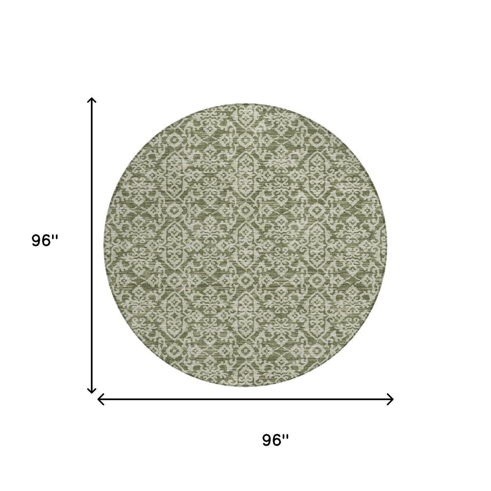 8' Olive Green And Brown Round Oriental Washable Indoor Outdoor Area Rug HomeRoots