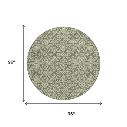 8' Olive Green And Brown Round Oriental Washable Indoor Outdoor Area Rug HomeRoots