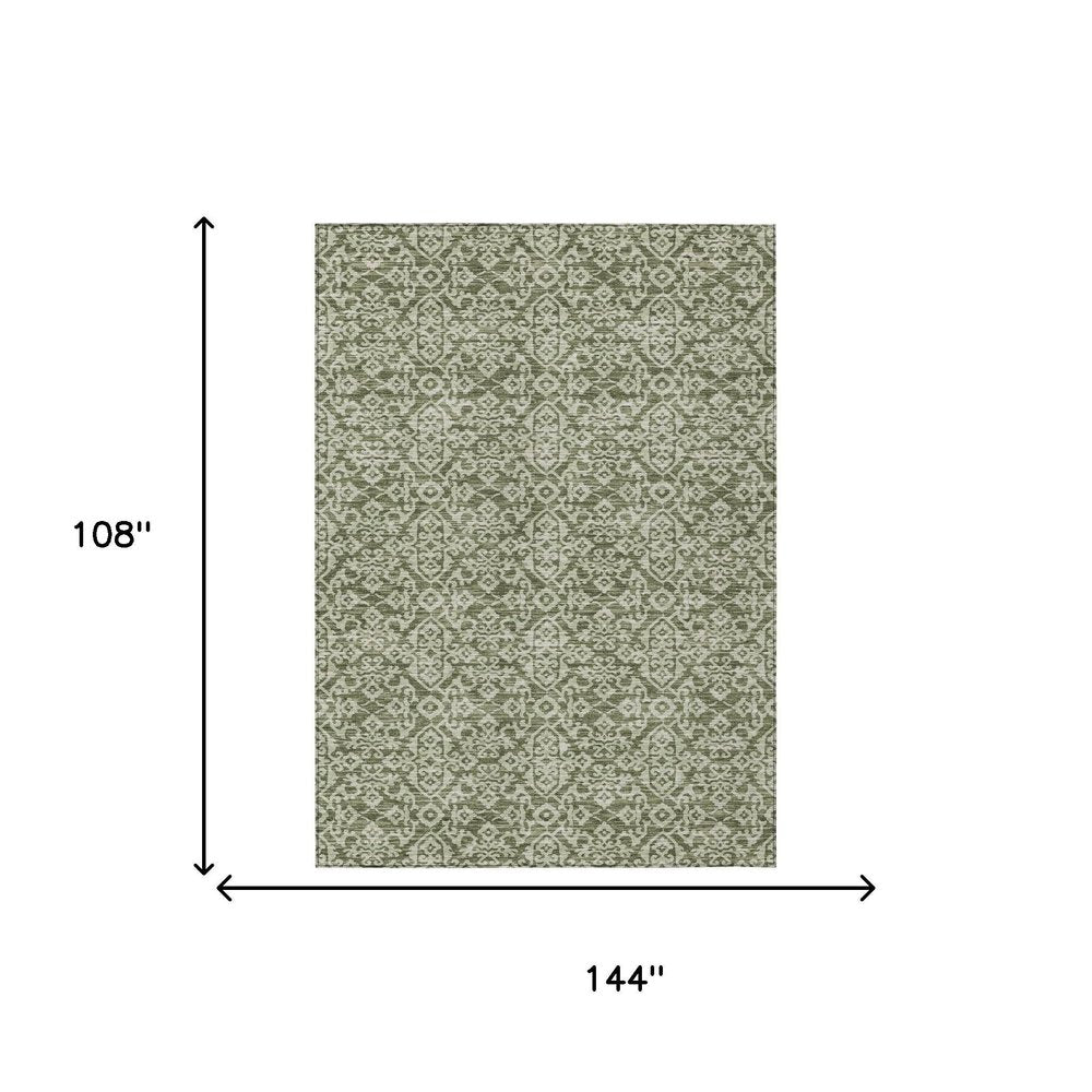 9' X 12' Olive Green And Brown Oriental Washable Indoor Outdoor Area Rug HomeRoots