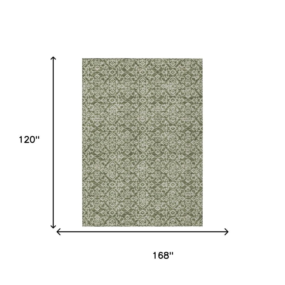 10' X 14' Olive Green And Brown Oriental Washable Indoor Outdoor Area Rug HomeRoots
