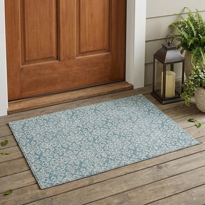 3' X 5' Teal Blue And Brown Oriental Washable Indoor Outdoor Area Rug