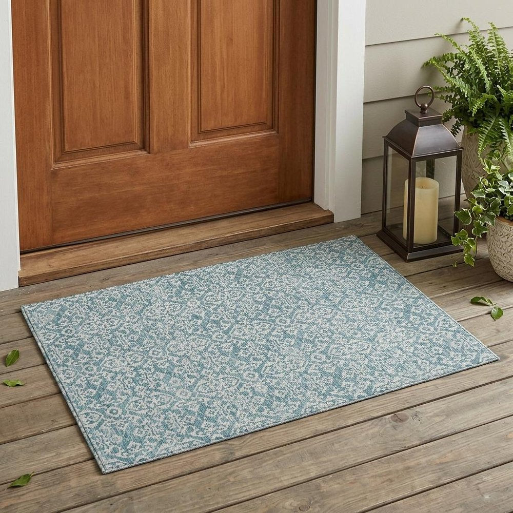 3' X 5' Teal Blue And Brown Oriental Washable Indoor Outdoor Area Rug HomeRoots