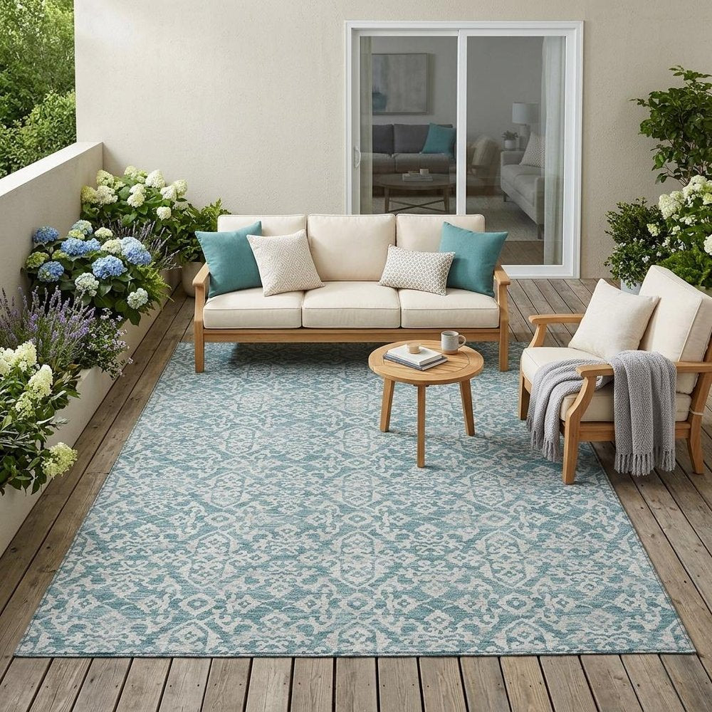 5' X 8' Teal Blue And Brown Oriental Washable Indoor Outdoor Area Rug HomeRoots
