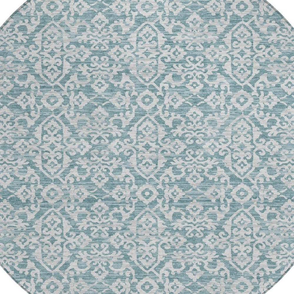 8' Teal Blue And Brown Round Oriental Washable Indoor Outdoor Area Rug HomeRoots